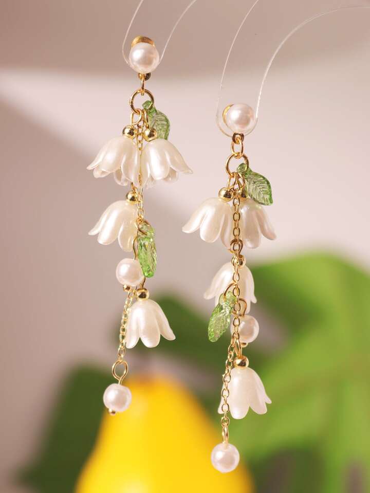 Shein Elegant Pearl And Flower Drop Earrings