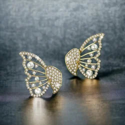 Korean Zircon And Pearl Butterfly Front Back Earrings