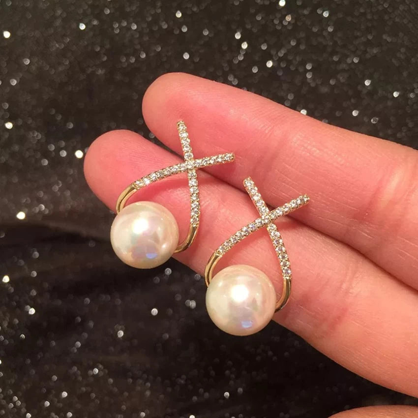 Elegant Golden Cross Pearl Zircon Earings